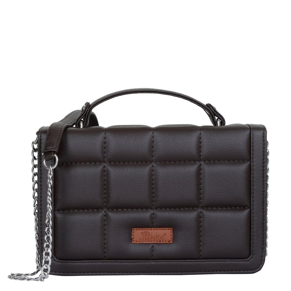 Ladies' Quilted Crossbody Sling Bag –Vegan Leather Brown Top Shoulder Handle Bag